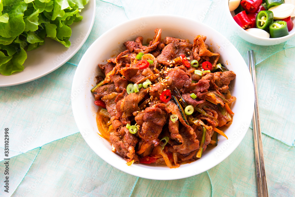 Stir fried with pork and vegetables sprinkle sesame seeds Stir fried with pork and vegetables sprinkle sesame seeds
