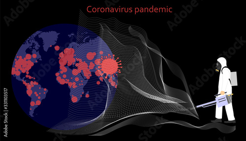 Coronavirus pandemic (covid-19). Vector illustration of the spread of the virus on a world map. Global catastrophe and crisis. Earth Disinfection.