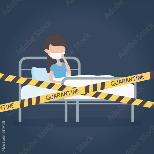 virus covid 19 quarantine, woman with protective mask in bed hospital tape restricted