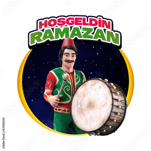 Hoş geldin Ramazan. Translate Welcome Ramadan. Ramadan kareem, ramadan drummer, islamic and turkish celebration 3d render