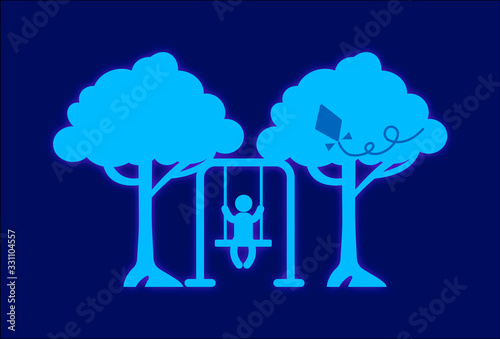 stylized image of a Playground. illustration of a lonely child swinging on a swing. forest in the evening. neon illustration of an amusement Park. loneliness in childhood, social isolation.