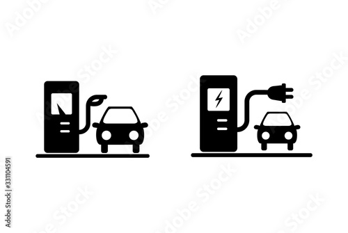 stylized vector flat images. set of icons.  electric filling station and a traditional gas station. Standard and electric fuel pump. A set of flat isolated icons. Alternative energy, electric vehicles
