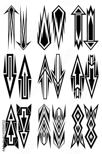 Set of nine abstract images of directional arrows. Images for various purposes. Tattoo, logos and more.