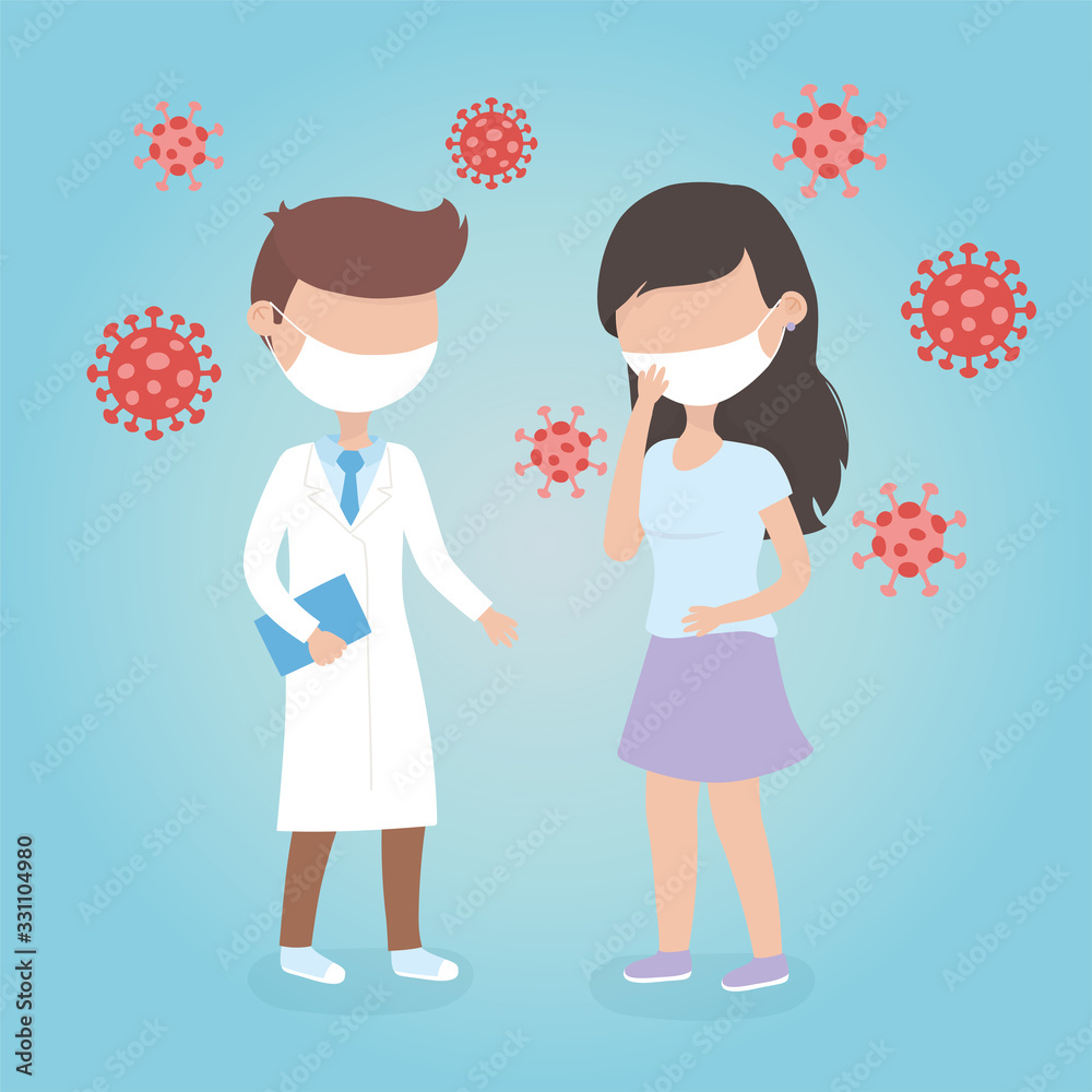 virus covid 19 quarantine, doctor and woman with protection mask virus covid 19 quarantine, doctor and woman with protection mask
