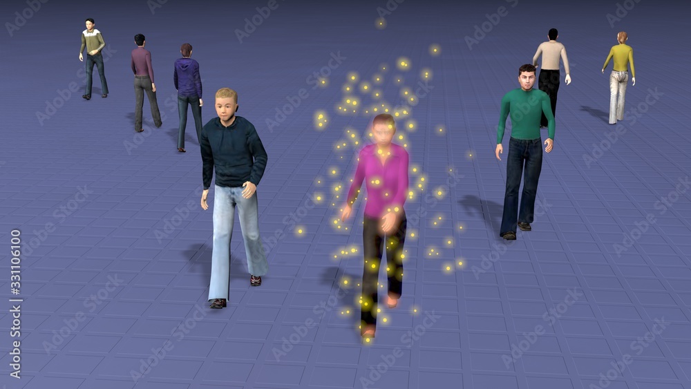 Group of people walking. Infected woman spreads germs , disease to others. Glowing particles indicating viral contagion spreading among population . Pandemic, Epidemic theme. 3d rendering Group of people walking. Infected woman spreads germs , disease to others. Glowing particles indicating viral contagion spreading among population . Pandemic, Epidemic theme. 3d rendering