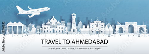 Travel advertising with travel to Ahmedabad, India concept with panorama view of city skyline and world famous landmarks in paper cut style vector illustration.