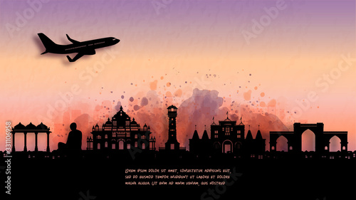 Watercolor of Ahmedabad, India silhouette skyline and famous landmark. vector illustration.