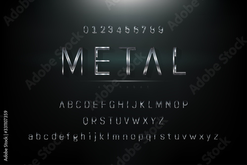 Shiny silver gray metalic theme alphabet font set with uppercase lowercase and numbers