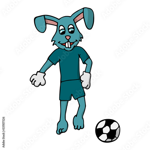 rabbit in a tracksuit kicks a soccer ball. white background isolated cartoon vector illustration