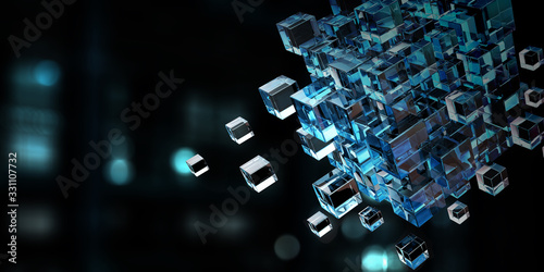 Floating shiny cube network . Mixed media photo