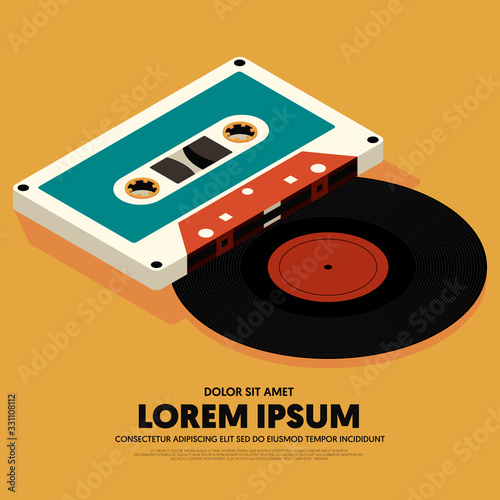Music poster design template background with isometric vinyl record and cassette tape