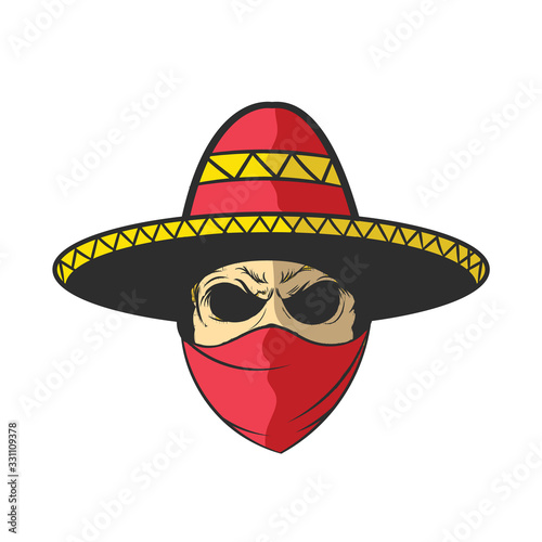 Vector illustration of mexican bandit print template. Man with  in sombrero with text.