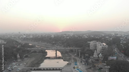 Drone shot over Pune city at sunset photo