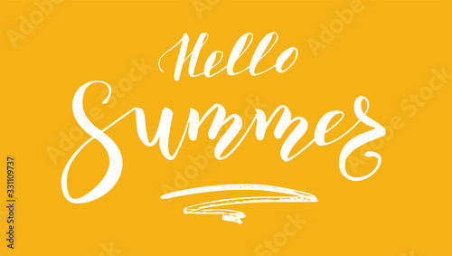 Hello summer. Calligraphy lettering on trendy orange color. Handwritten text on warm colored background. Vector illustration  EPS10.