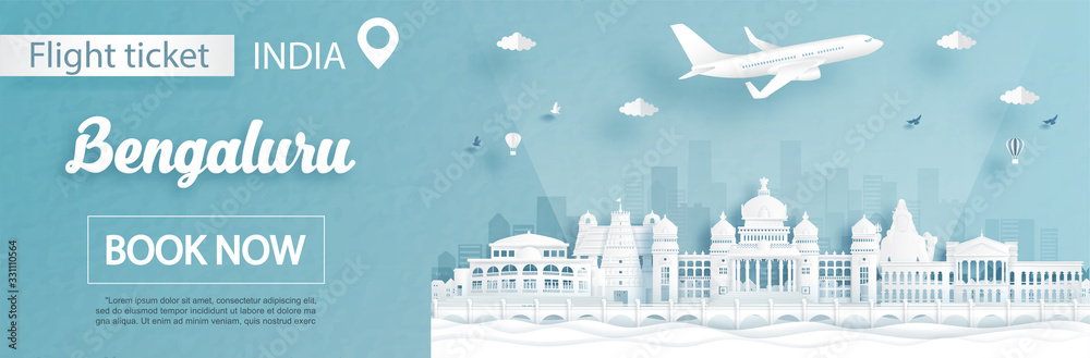 Flight and ticket advertising template with travel to Bengaluru, India concept and famous landmarks in paper cut style vector illustration