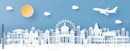 Panorama view of Bengaluru, India with temple and city skyline with world famous landmarks in paper cut style vector illustration