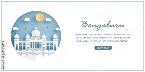 Vidhana Soudha the Bangalore, India. World famous landmark with white frame and label. Travel postcard and poster, brochure, advertising Vector illustration.