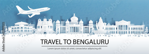 Travel advertising with travel to Bengaluru, India concept with panorama view of city skyline and world famous landmarks in paper cut style vector illustration.