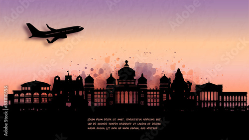 Watercolor of Bengaluru, India silhouette skyline and famous landmark. vector illustration.