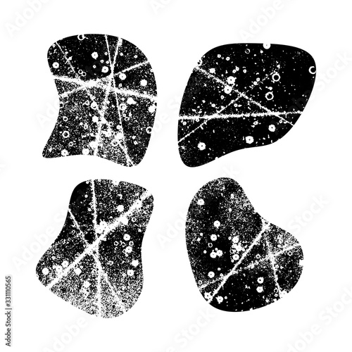 Abstract handmade artwork. Set of liquid geometric shapes, blobs. Distressed texture. Ink splatter surface trace. Halftone grainy background. Isolated on white. Vector stock illustration EPS 10