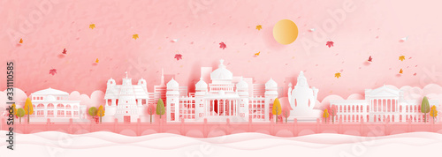 Autumn in Bengaluru, India with falling maple leaves and world famous landmarks in paper cut style vector illustration
