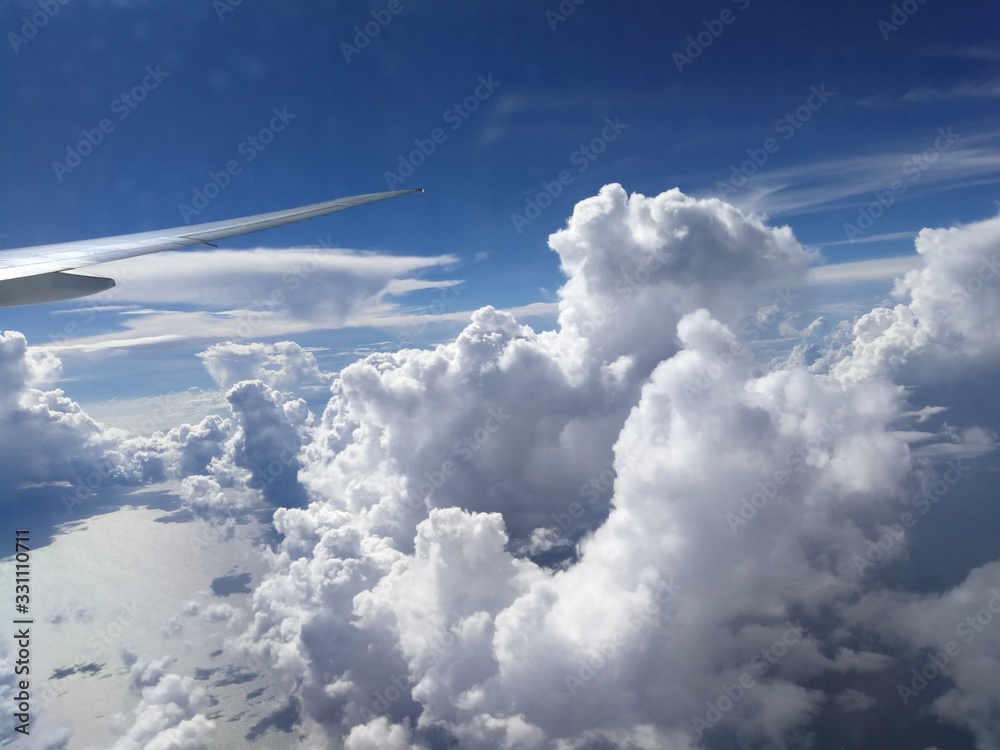 Fototapeta premium Dreamy Blue Sky Foamy Clouds Cotton Candy Wind Beneath My Wings Flying High Freedom