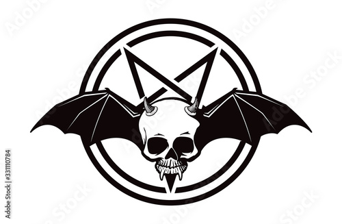 Scary Halloween Demon Skull with Bat Wings and Pentagrom Vector Icon