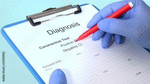 Medical doctor diagnosing COVID-19 disease positive swab test results on medical record, nurse writing Sars-CoV-2 check up, virologist hands getting Coronavirus 2019-nCoV diagnosis on medical chart