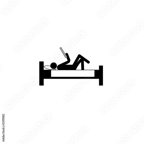 stick man resting on a bed with a tablet in his hands