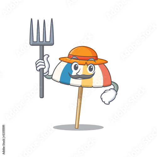 Beach umbrella in Farmer cartoon character with hat and pitchfork