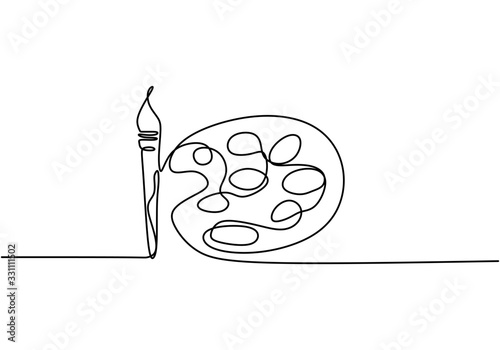 Palette with paints and brushes, continuous one line drawing. Vector illustration minimalist design.