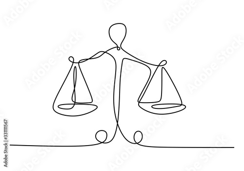 One line drawing of law balance, or Scale icon, symbol of court and firm. Vector illustration continuous hand drawn minimalism design.