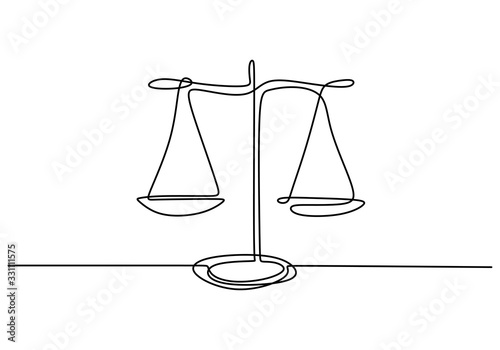 One line drawing of law balance, or Scale icon, symbol of court and firm. Vector illustration continuous hand drawn minimalism design.