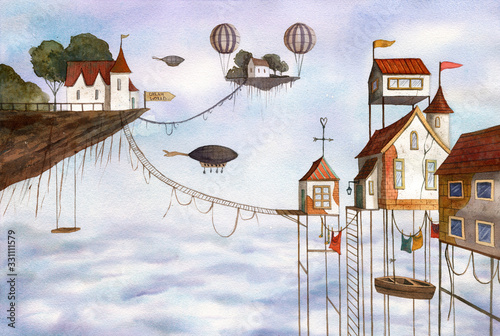Watercolor magical houses (city, street) with clouds, sky, airballoons and flying islands. Hand drawn illustration. photo