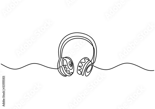 one line drawing of headphone speaker, device gadget continuous hand drawn contour design, isolated on white background. Music element for listening songs and playlist.