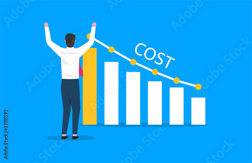 Costs reduction, costs cut, costs optimization business concept. Businessman views graph with descending curve. vector illustrationWeb