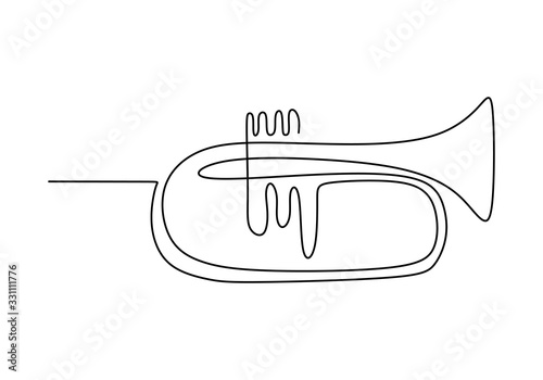 Trumpet one line drawing. Continuous single hand drawn minimalism, vector illustration classical jazz music instrument.