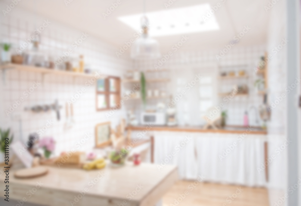 Fototapeta premium Blur background interior design for advertising, Scandinavian minimalistic classic kitchen with wooden and white details, Modern kitchen with bokeh light.