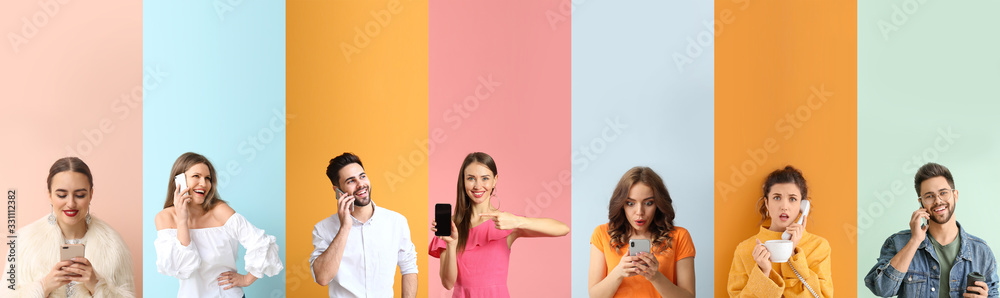Collage of photos with different emotional people using phones Collage of photos with different emotional people using phones