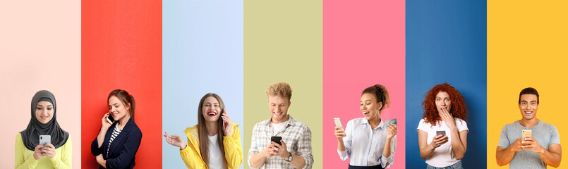 Collage of photos with different emotional people using mobile phones