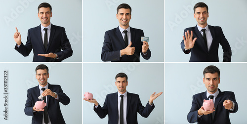 Collage with male bank manager on light background