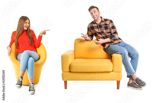 Happy couple discussing som...
