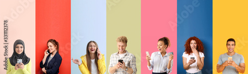 Collage of photos with different emotional people using mobile phones