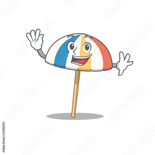Smiley beach umbrella cartoon mascot design with waving hand