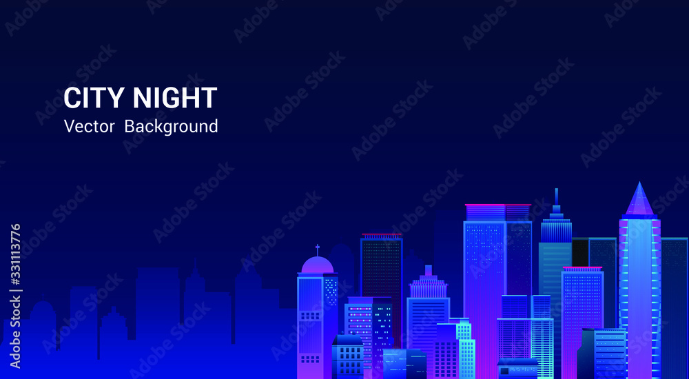 Obraz premium Night city panorama.Cityscape on a dark background with bright and glowing neon purple and blue lights. Wide highway side view. Cyberpunk and retro wave style Vector illustration.