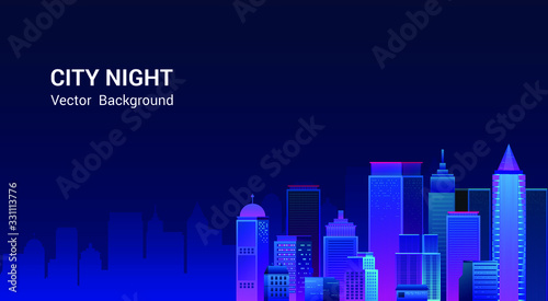 Night city panorama.Cityscape on a dark background with bright and glowing neon purple and blue lights. Wide highway side view. Cyberpunk and retro wave style Vector illustration.