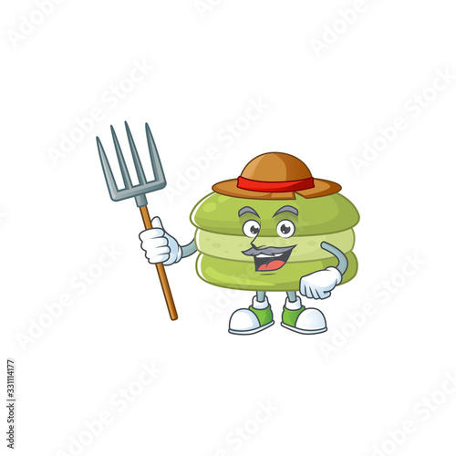 Coconut macarons in Farmer mascot design with hat and pitchfork