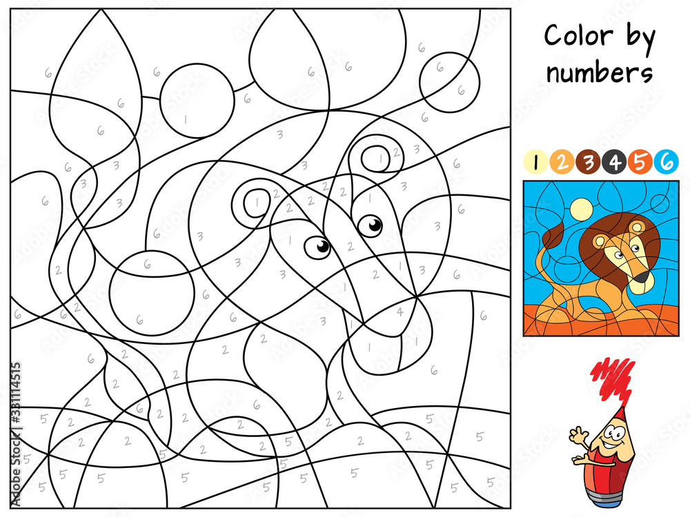 Lion. Color by numbers. Coloring book. Educational puzzle game for