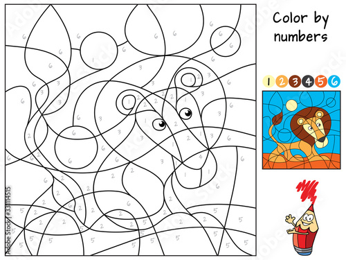 Lion. Color by numbers. Coloring book. Educational puzzle game for children. Cartoon vector illustration