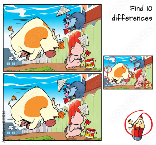 Cat, piglet and angry bull. Find 10 differences. Educational game for children. Cartoon vector illustration